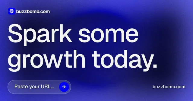 Social ad for BuzzBomb: "Spark some growth today." Agentic glass style, poster layout, dark palette in blue.