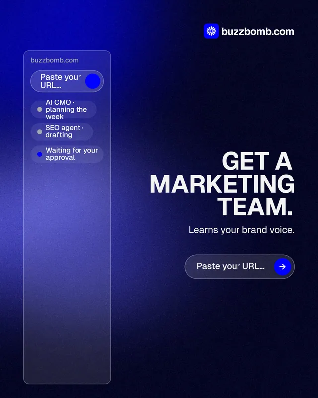Instagram portrait post for BuzzBomb: "Get a marketing team." Agentic glass style, right layout, dark palette in black, blue.
