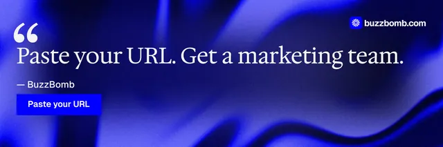 X header for BuzzBomb: "One launch. A week of posts." Swiss style, quote layout, dark palette in blue.