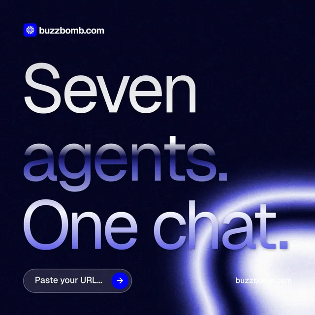 Instagram post for BuzzBomb: "Seven agents. One chat." Agentic glass style, poster layout, dark palette in black, blue.