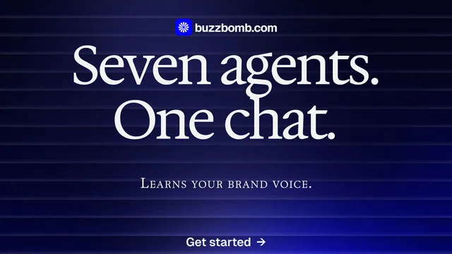 Landscape graphic for BuzzBomb: "Seven agents. One chat." Agentic glass style, smallcaps layout, dark palette in black, blue, grey.
