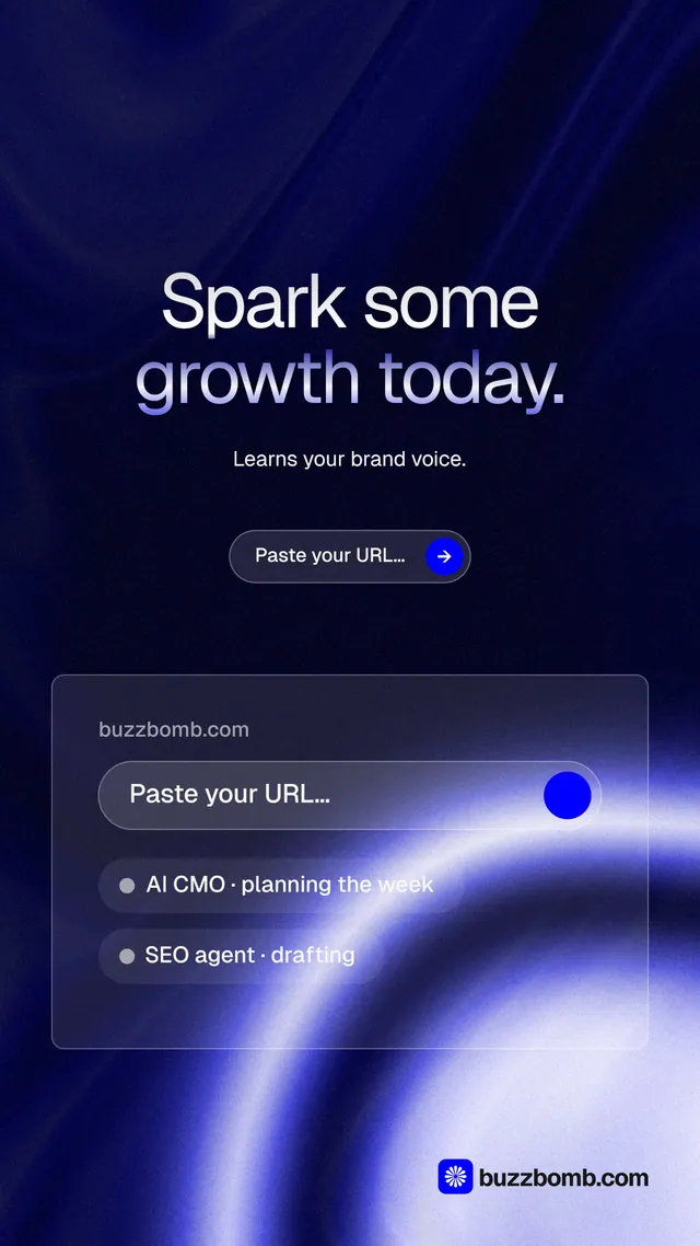 Instagram story for BuzzBomb: "Spark some growth today." Agentic glass style, centred layout, dark palette in black, blue.