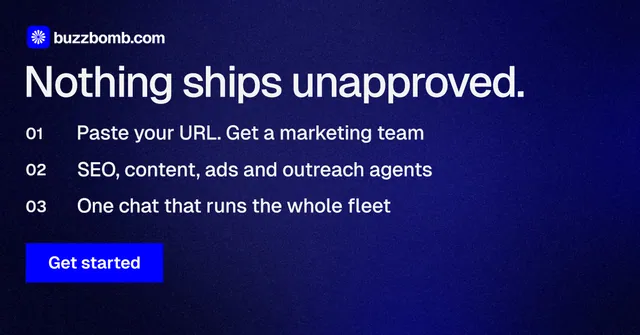 Social ad for BuzzBomb: "Nothing ships unapproved." Swiss style, numbered layout, dark palette in blue, black, grey.