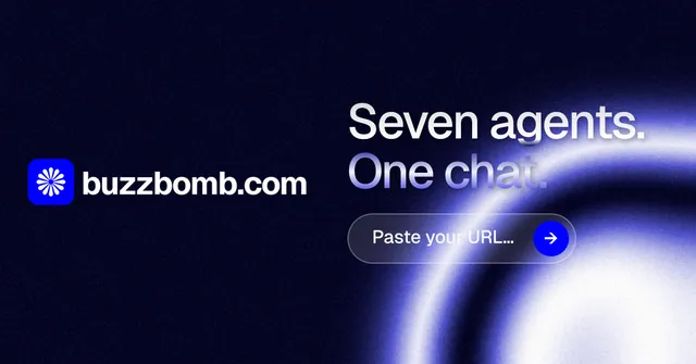 Social ad for BuzzBomb: "Seven agents. One chat." Agentic glass style, logo hero layout, dark palette in black, blue.