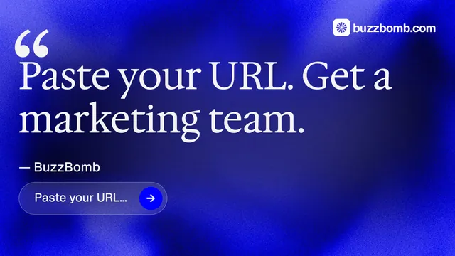 Landscape graphic for BuzzBomb: "Get a marketing team." Agentic glass style, quote layout, dark palette in blue.