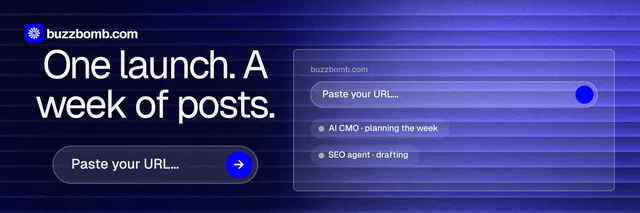 X header for BuzzBomb: "One launch. A week of posts." Agentic glass style, skeleton layout, dark palette in black, blue.