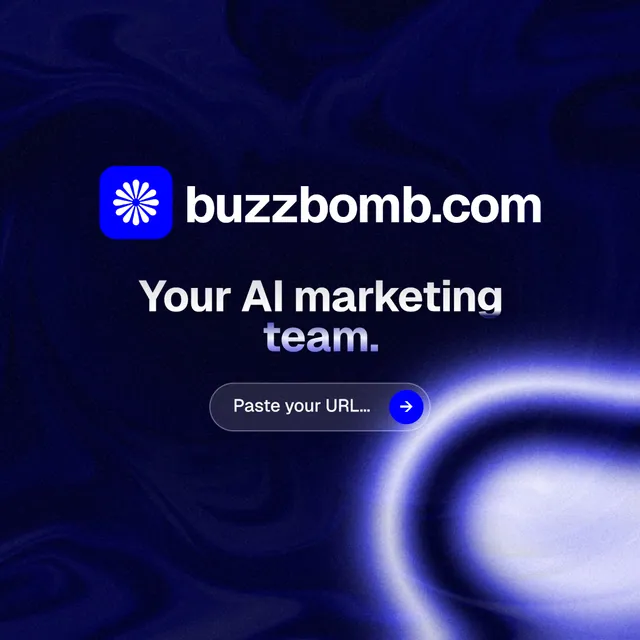 Instagram post for BuzzBomb: "Your AI marketing team." Agentic glass style, logo hero layout, dark palette in black, blue.