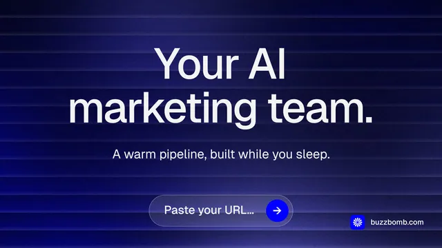 Landscape graphic for BuzzBomb: "Your AI marketing team." Agentic glass style, centred layout, dark palette in blue, grey.
