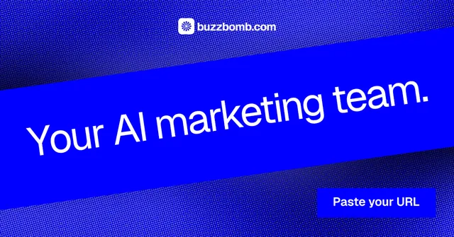 Social ad for BuzzBomb: "Your AI marketing team." Swiss style, diagonal layout, dark palette in blue.