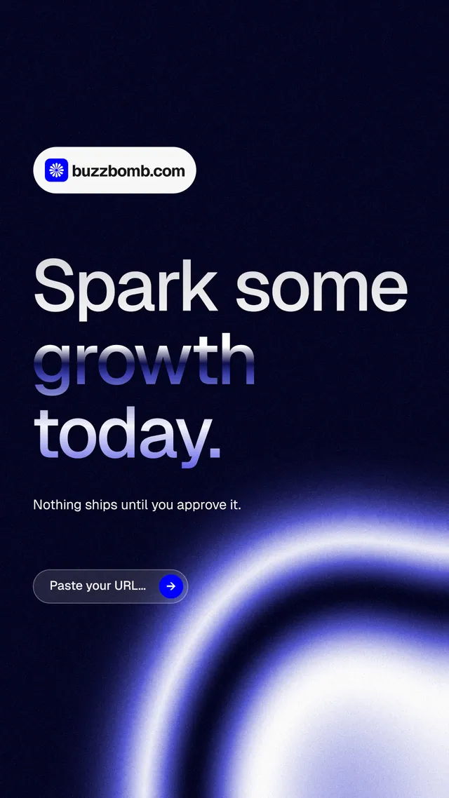Instagram story for BuzzBomb: "Spark some growth today." Agentic glass style, announce layout, dark palette in black, blue.