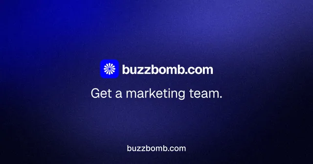 Social ad for BuzzBomb: "Get a marketing team." Swiss style, end card layout, dark palette in black, blue.