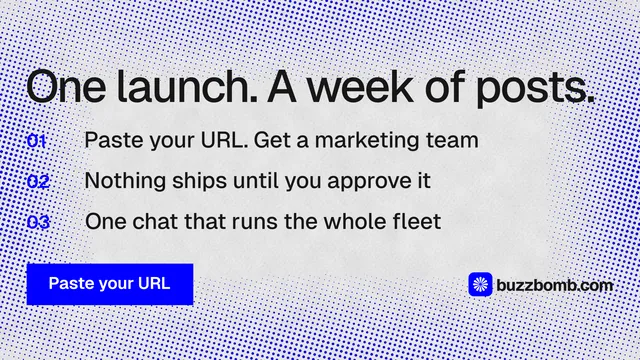 Landscape graphic for BuzzBomb: "One launch. A week of posts." Swiss style, numbered layout, light palette in blue, white.