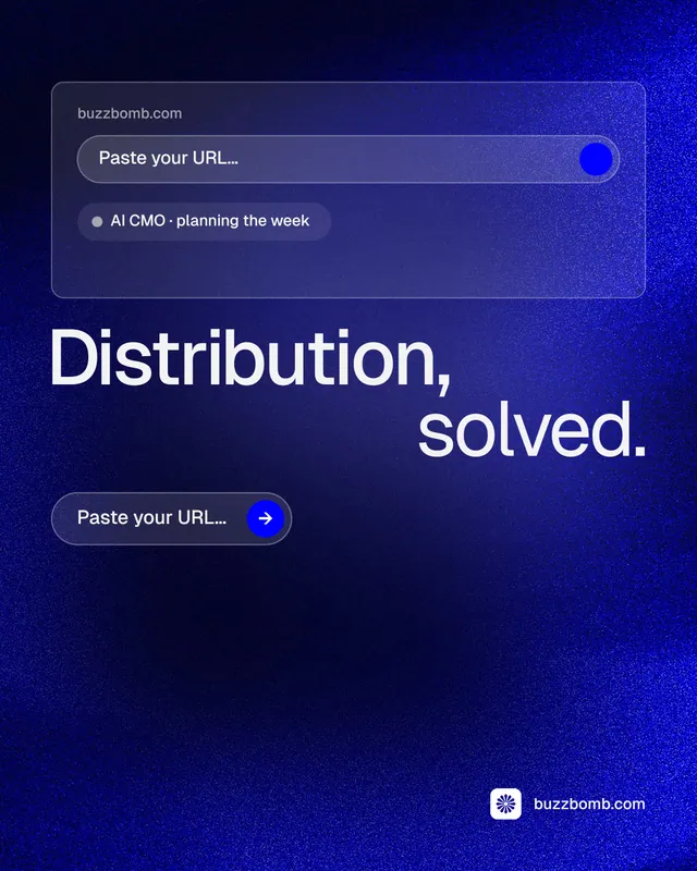 Instagram portrait post for BuzzBomb: "Distribution, solved." Agentic glass style, stacked layout, dark palette in blue.