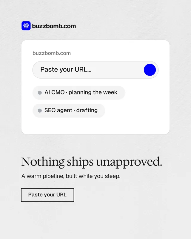 Instagram portrait post for BuzzBomb: "Nothing ships unapproved." Editorial style, bottom layout, light palette in white.