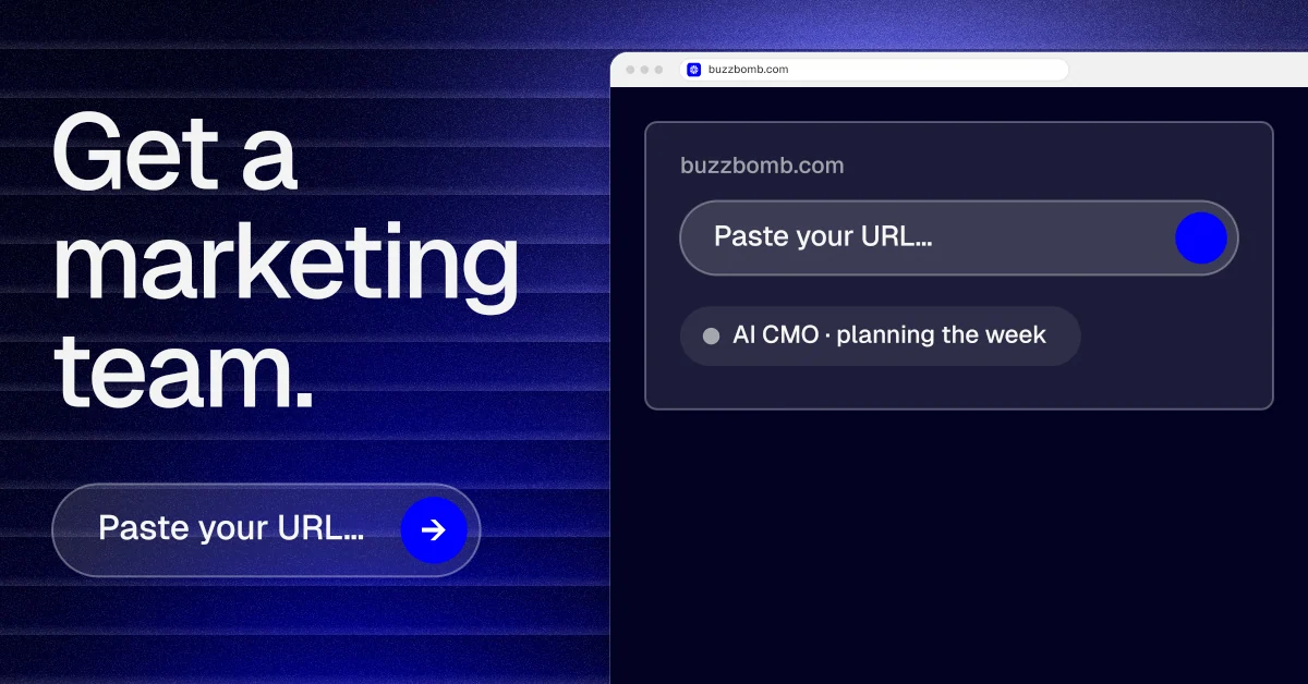 Social ad for BuzzBomb: "Get a marketing team." Agentic glass style, browser layout, dark palette in blue, black, grey.