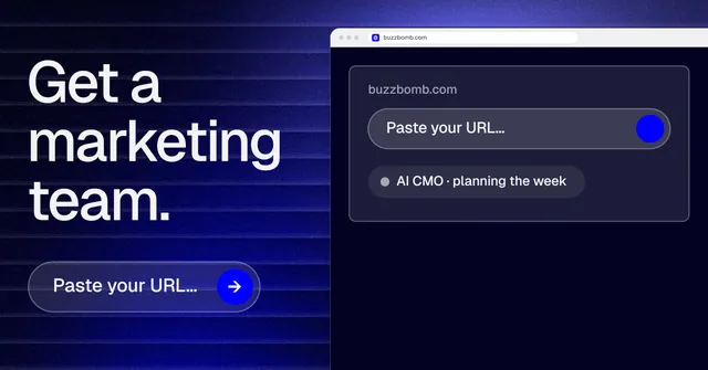 Social ad for BuzzBomb: "Get a marketing team." Agentic glass style, browser layout, dark palette in blue, black, grey.
