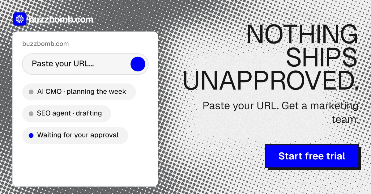 Social ad for BuzzBomb: "Nothing ships unapproved." Brutalist style, right layout, light palette in white, grey.