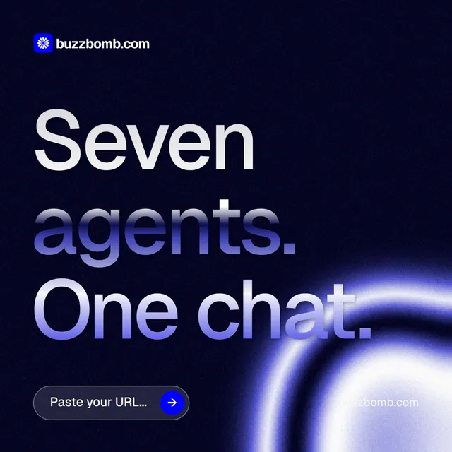Instagram post for BuzzBomb: "Seven agents. One chat." Agentic glass style, poster layout, dark palette in black, blue.