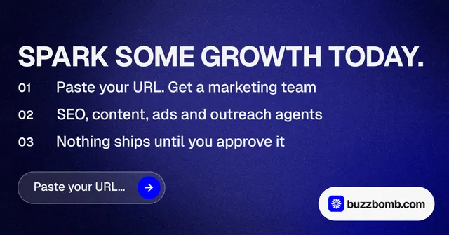 Social ad for BuzzBomb: "Spark some growth today." Agentic glass style, numbered layout, dark palette in blue, grey.