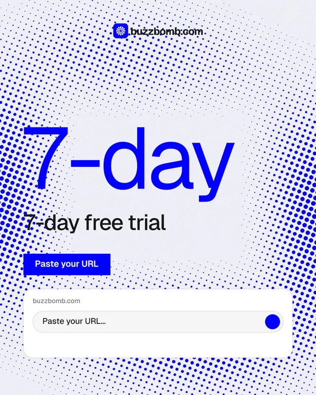 Instagram portrait post for BuzzBomb: "Distribution, solved." Swiss style, stat layout, light palette in blue, white.