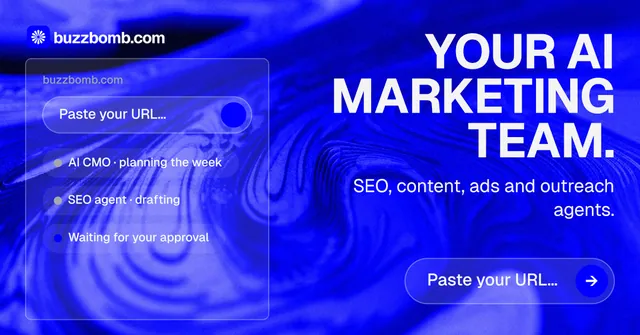 Social ad for BuzzBomb: "Your AI marketing team." Agentic glass style, right layout, dark palette in blue.