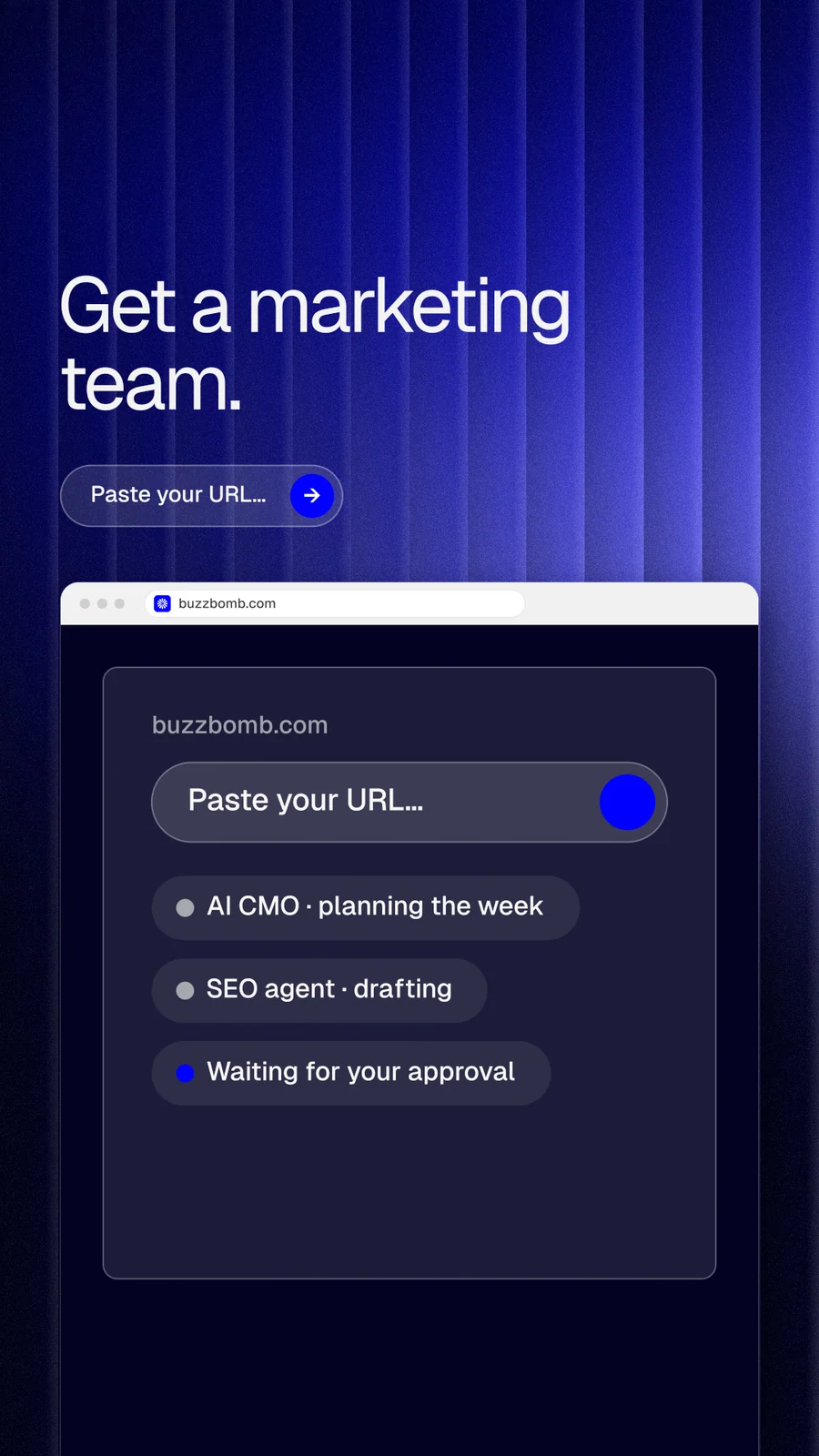 Instagram story for BuzzBomb: "Get a marketing team." Agentic glass style, browser layout, dark palette in blue, black.