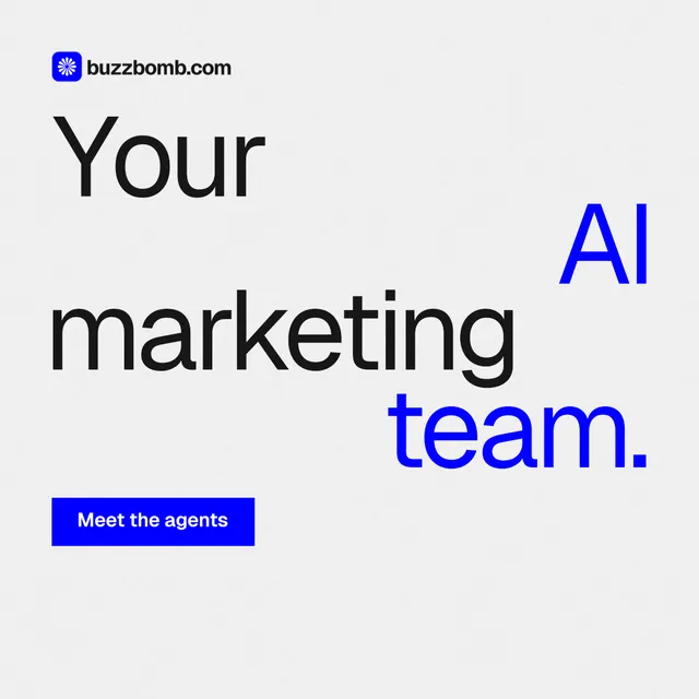 Instagram post for BuzzBomb: "Your AI marketing team." Swiss style, stacked layout, light palette in white, blue.