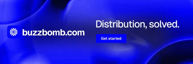 X header for BuzzBomb: "Distribution, solved." Swiss style, logo hero layout, dark palette in blue.