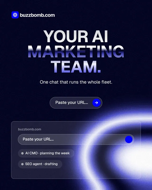 Instagram portrait post for BuzzBomb: "Your AI marketing team." Agentic glass style, centred layout, dark palette in black, blue.