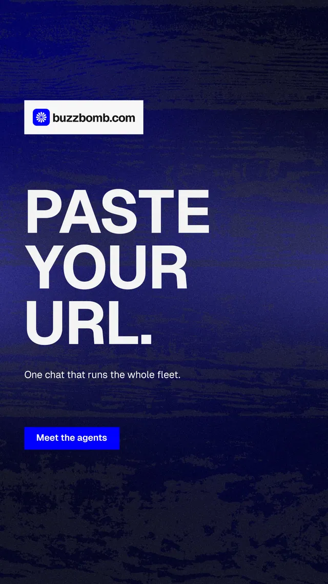 Instagram story for BuzzBomb: "Paste your URL." Swiss style, announce layout, dark palette in black, blue, grey.