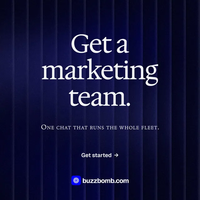 Instagram post for BuzzBomb: "Get a marketing team." Agentic glass style, smallcaps layout, dark palette in black, blue, grey.