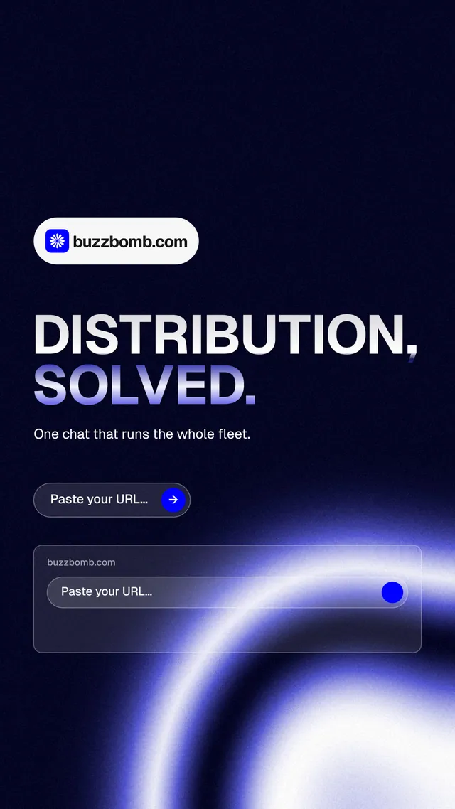 Instagram story for BuzzBomb: "Distribution, solved." Agentic glass style, announce layout, dark palette in black, blue.