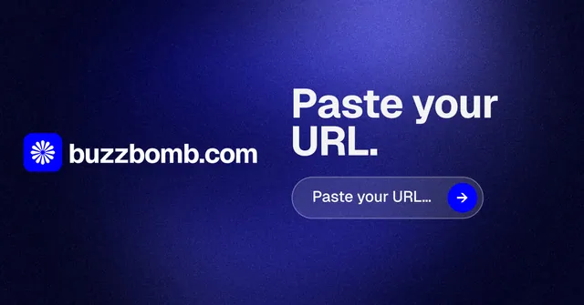 Social ad for BuzzBomb: "Paste your URL." Agentic glass style, logo hero layout, dark palette in black, blue.