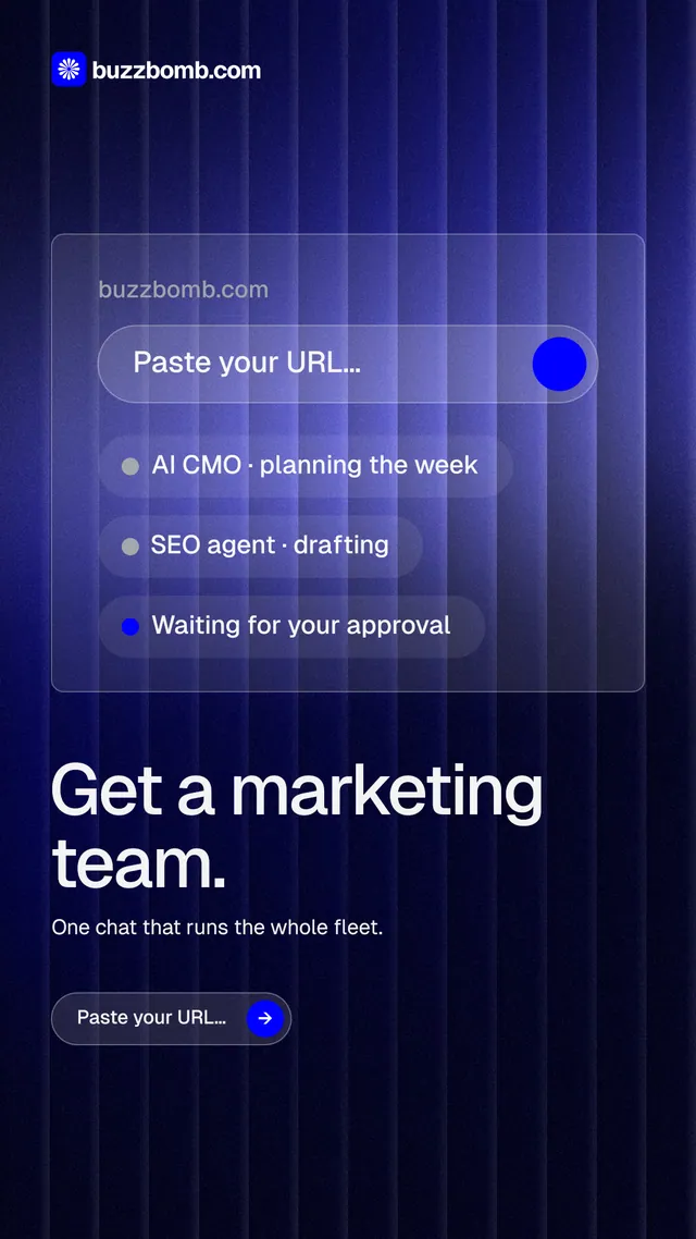 Instagram story for BuzzBomb: "Get a marketing team." Agentic glass style, bottom layout, dark palette in black, blue.