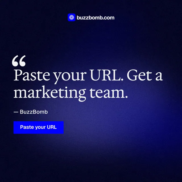 Instagram post for BuzzBomb: "Get a marketing team." Swiss style, quote layout, dark palette in black, blue.