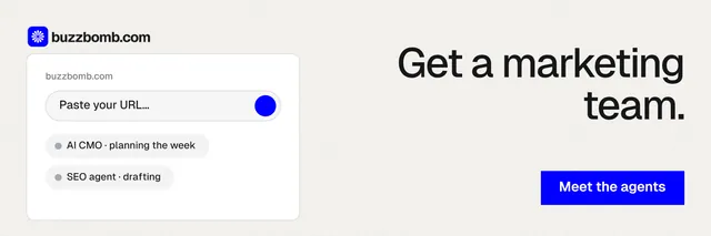 X header for BuzzBomb: "Get a marketing team." Swiss style, right layout, light palette in white, blue.