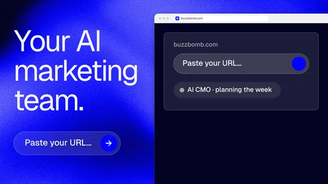 Landscape graphic for BuzzBomb: "Your AI marketing team." Agentic glass style, browser layout, dark palette in black, blue.