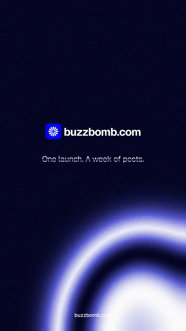Instagram story for BuzzBomb: "One launch. A week of posts." Agentic glass style, end card layout, dark palette in black, blue.