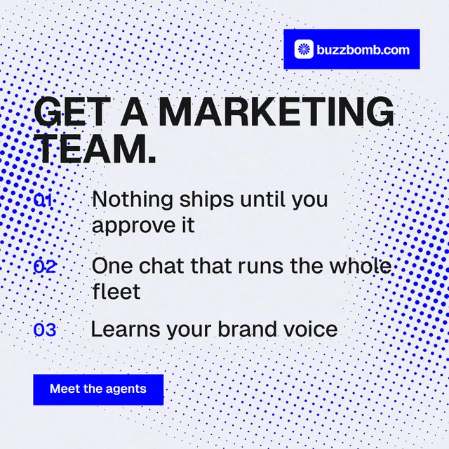 Instagram post for BuzzBomb: "Get a marketing team." Split block style, numbered layout, light palette in blue, white.
