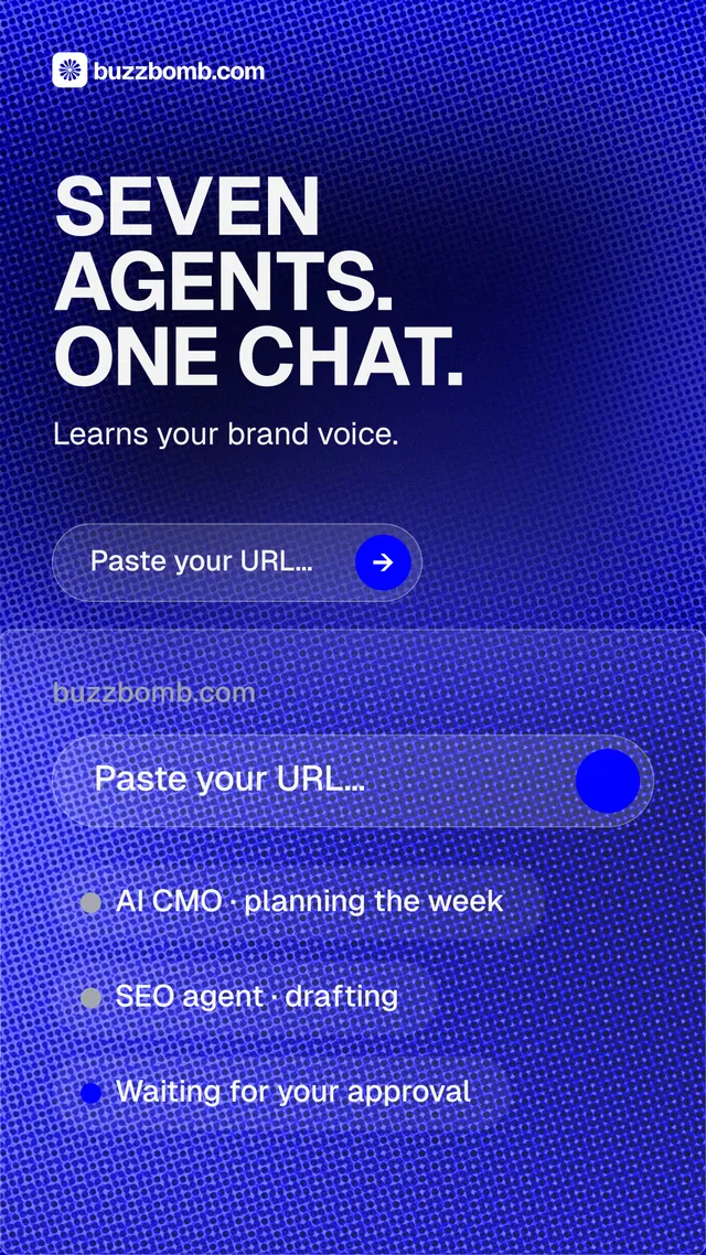 Instagram story for BuzzBomb: "Seven agents. One chat." Agentic glass style, skeleton layout, dark palette in blue.