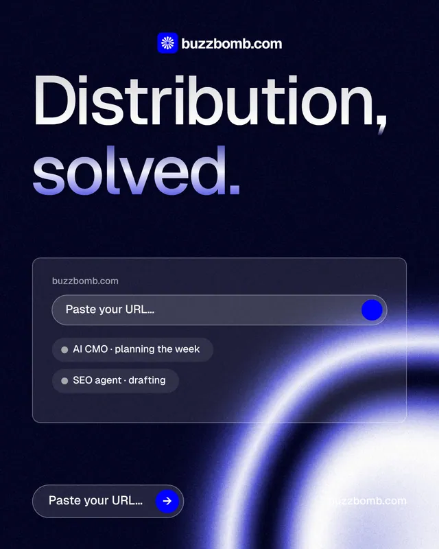 Instagram portrait post for BuzzBomb: "Distribution, solved." Agentic glass style, poster layout, dark palette in black, blue.
