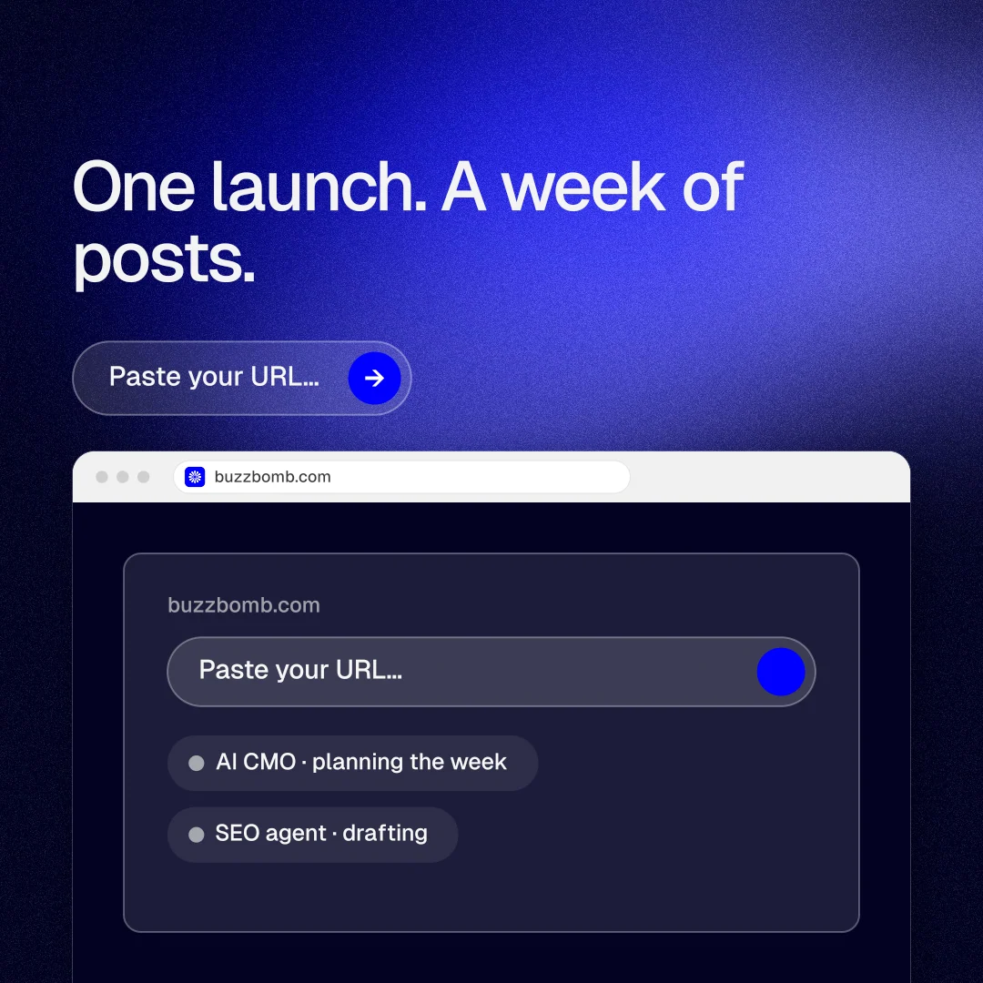 Instagram post for BuzzBomb: "One launch. A week of posts." Agentic glass style, browser layout, dark palette in blue, black.