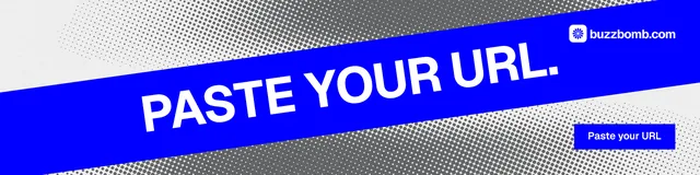 LinkedIn banner for BuzzBomb: "Paste your URL." Swiss style, diagonal layout, dark palette in blue, grey, white.