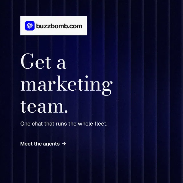 Instagram post for BuzzBomb: "Get a marketing team." Minimal luxury style, announce layout, dark palette in black, blue, grey.