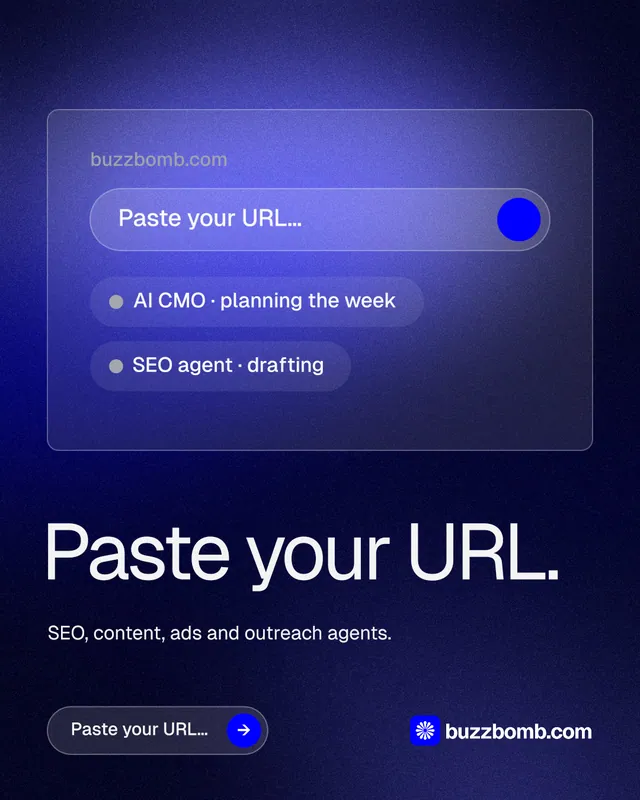 Instagram portrait post for BuzzBomb: "Paste your URL." Agentic glass style, bottom layout, dark palette in black, blue.