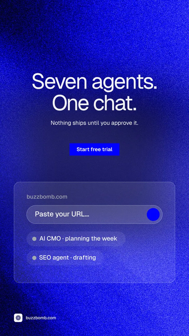 Instagram story for BuzzBomb: "Seven agents. One chat." Swiss style, centred layout, dark palette in blue.