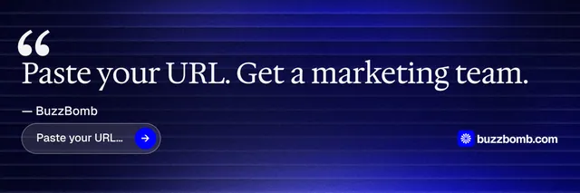 X header for BuzzBomb: "Get a marketing team." Agentic glass style, quote layout, dark palette in black, blue.