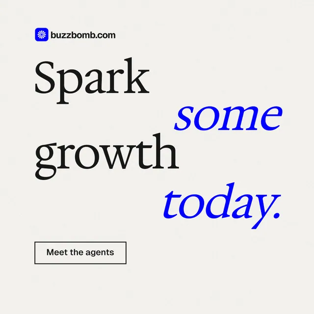 Instagram post for BuzzBomb: "Spark some growth today." Editorial style, stacked layout, light palette in white.