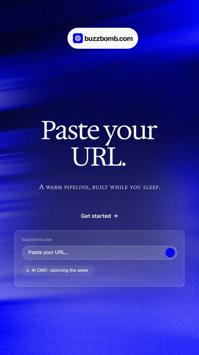 Instagram story for BuzzBomb: "Paste your URL." Agentic glass style, smallcaps layout, dark palette in blue.