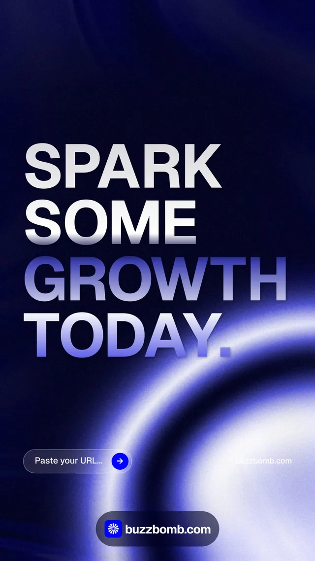 Instagram story for BuzzBomb: "Spark some growth today." Agentic glass style, poster layout, dark palette in black, blue.